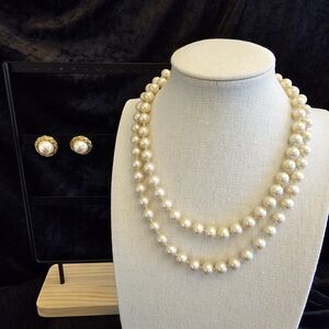Vintage Knotted Faux Pearl Necklace with Stud Back Gold Tone and Earrings